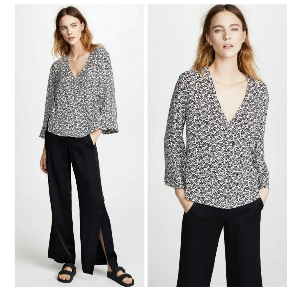 🆕️ A.L.C. "Ray" printed silk top Size 6 Black White Wrap